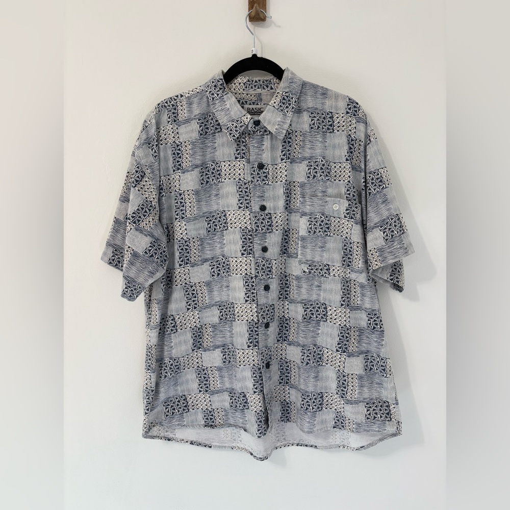 Vintage 90s Basic Editions Blue Aztec Tribal Print 100% Cotton Shirt Sz L